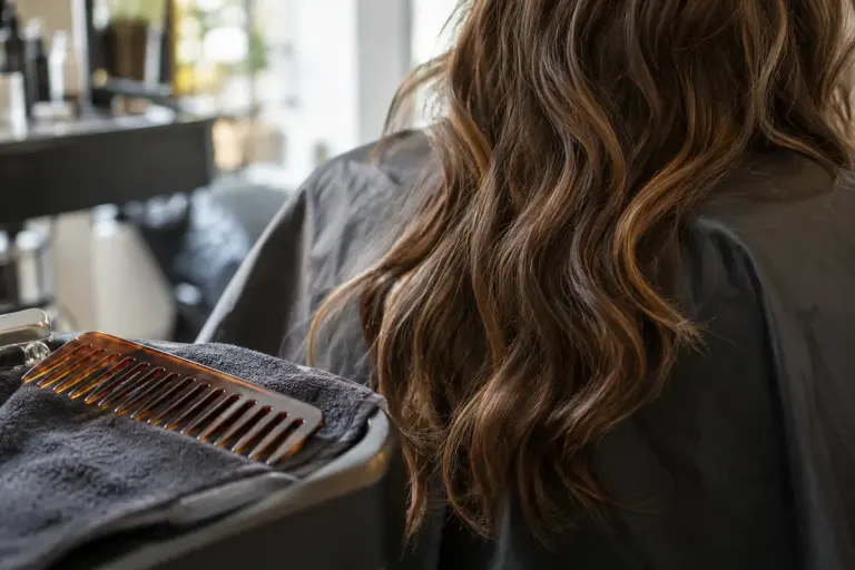 A wide tooth comb beside a section of natural wavy hair over a salon cape.