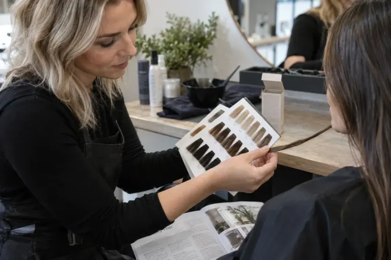 Hairdresser comparing a small hair strand sample with colour swatches beside an unbranded dye package, tidy salon consultation.