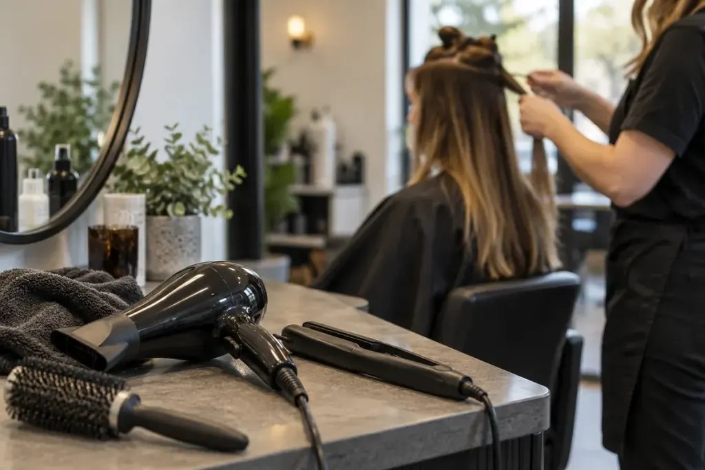 Unplugged hair dryer and straightener laid beside towel and brush on a salon counter, stylist sectioning dry hair in background.