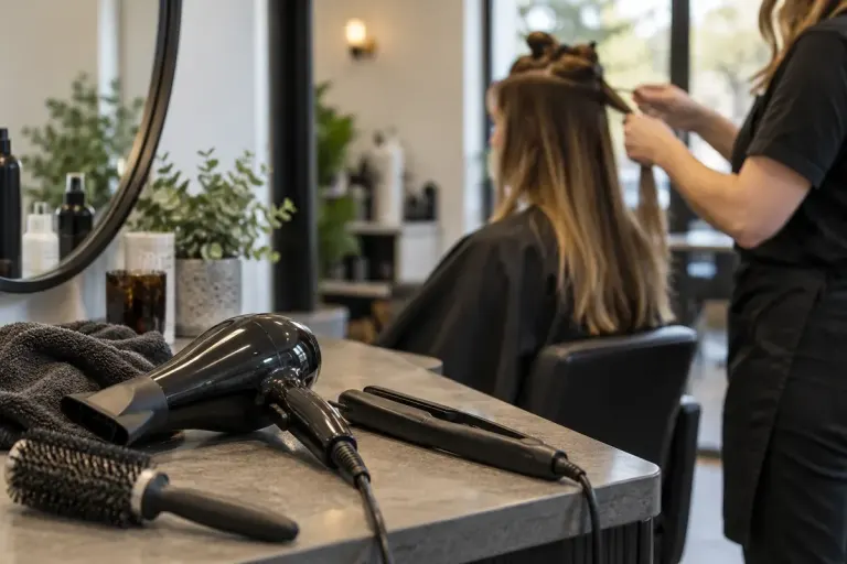 Unplugged hair dryer and straightener laid beside towel and brush on a salon counter, stylist sectioning dry hair in background.