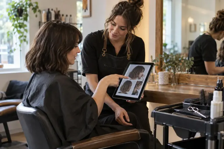 A fictional stylist and client discussing hairstyle reference photos on a tablet in a salon.