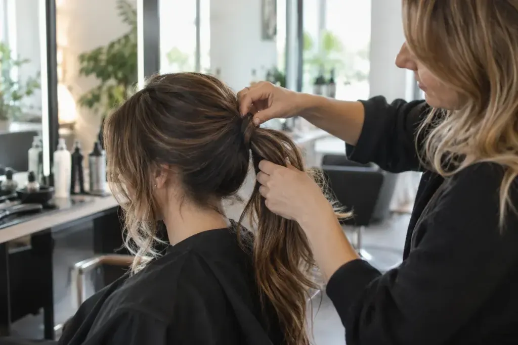 Hairstylist loosening a client's ponytail in a bright professional salon, gentle technique, realistic hair and hands.