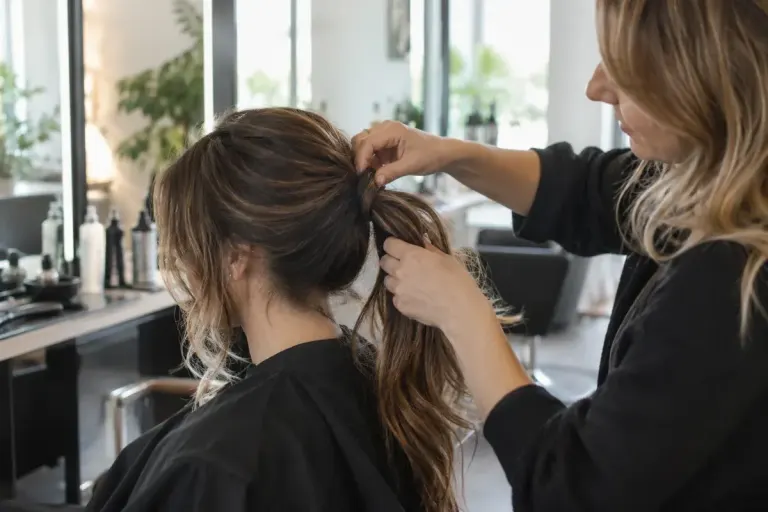 Hairstylist loosening a client's ponytail in a bright professional salon, gentle technique, realistic hair and hands.