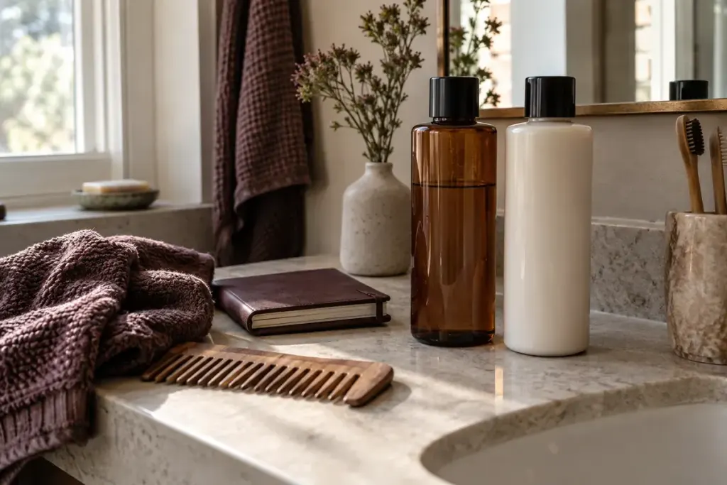 Plain hair-care bottles, a comb, folded towel and notebook beside a softly lit bathroom window.