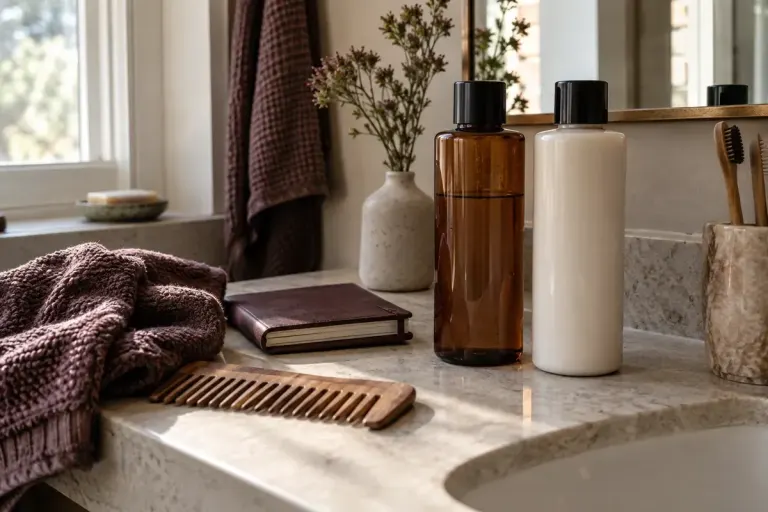 Plain hair-care bottles, a comb, folded towel and notebook beside a softly lit bathroom window.